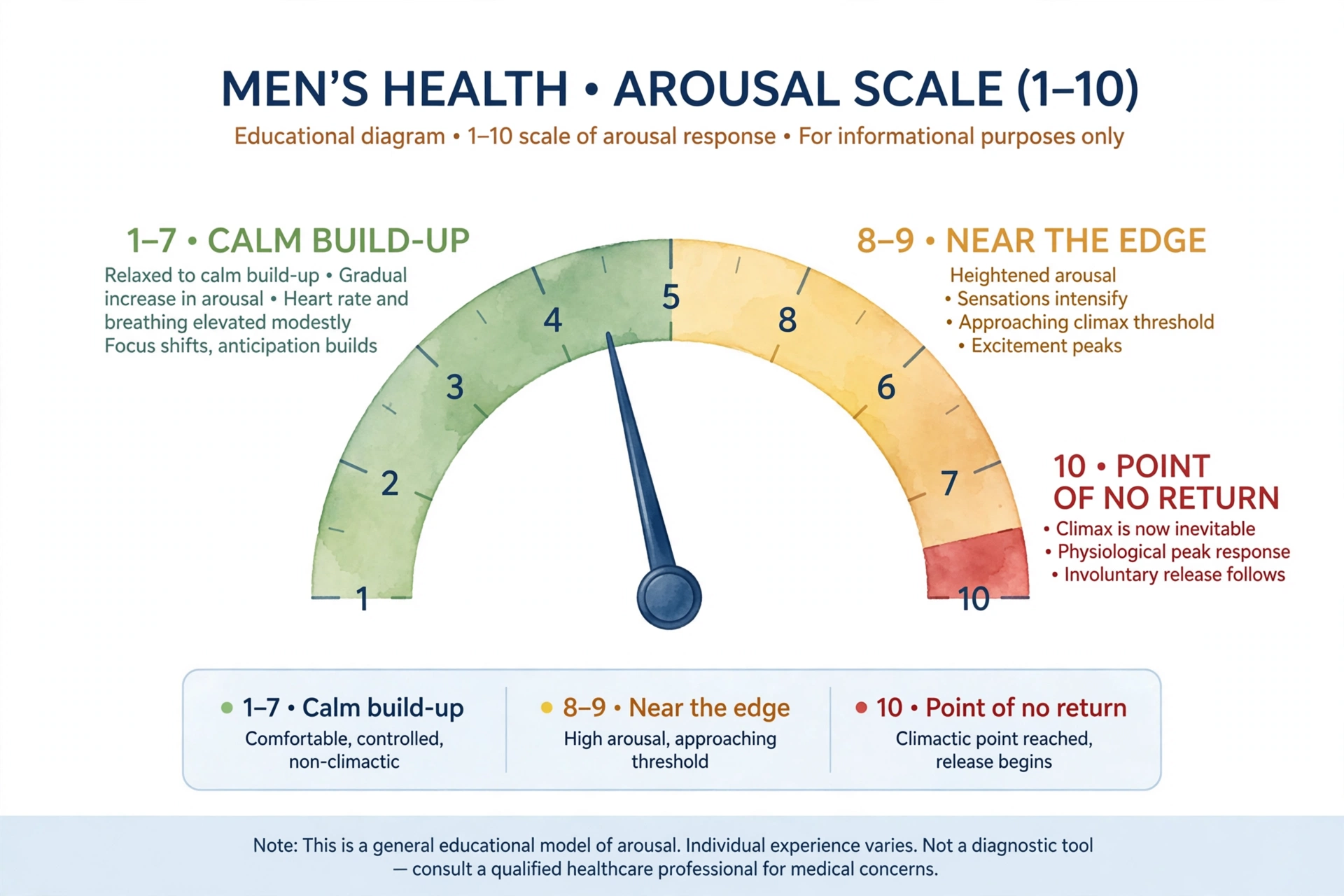 Educational 1-to-10 arousal scale gauge showing calm build-up, the near-the-edge zone, and the point of no return for practicing the stop-start edging method