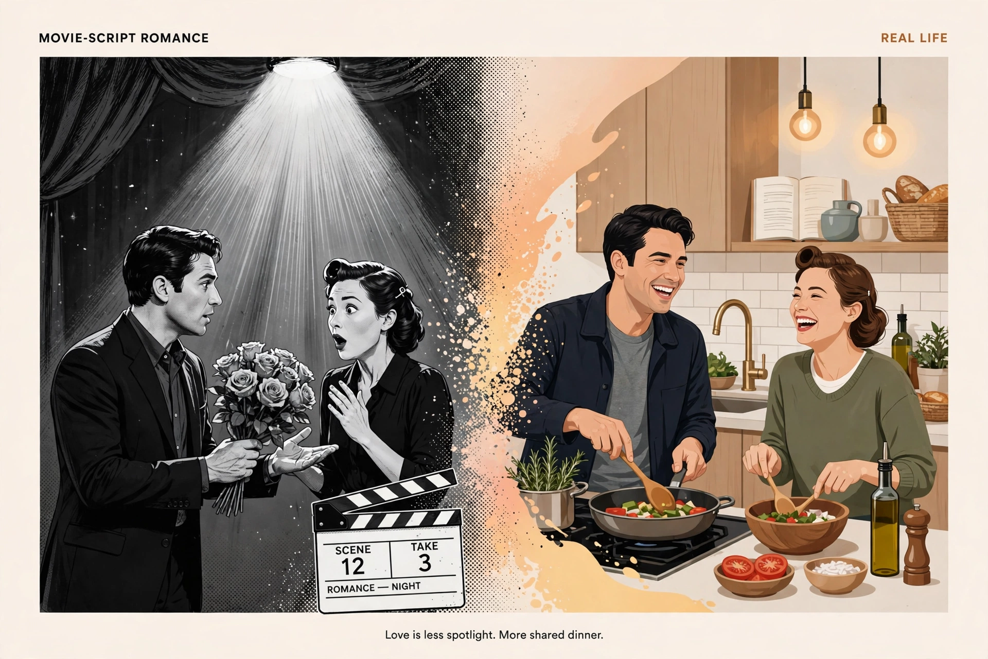 media representation - Split illustration contrasting a dramatic movie-script proposal with an ordinary couple cooking dinner together