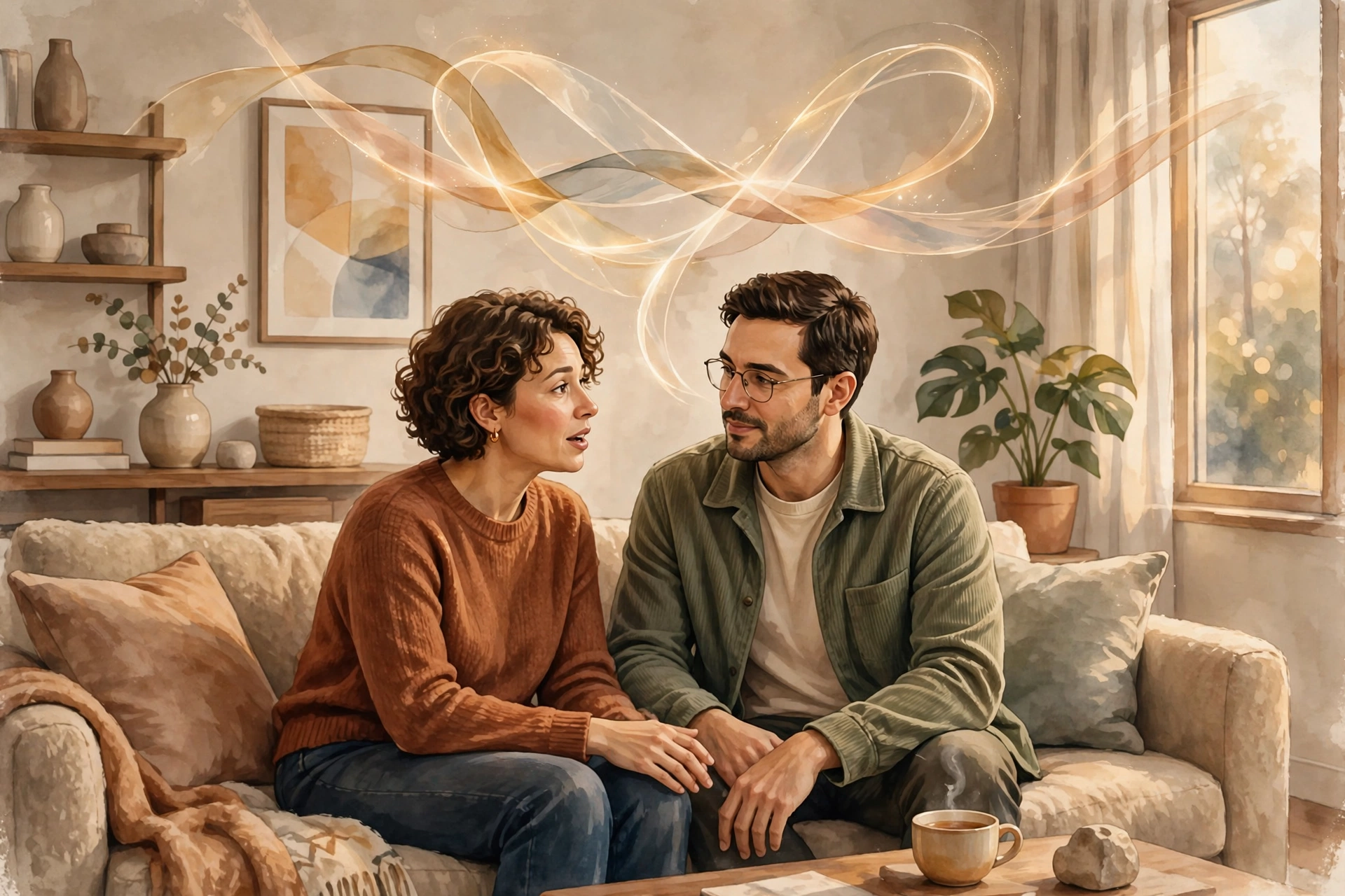 Illustration of a couple in a calm therapist's office with soft glowing ribbons above them, representing emotionally focused therapy for couples rebuilding their emotional bond
