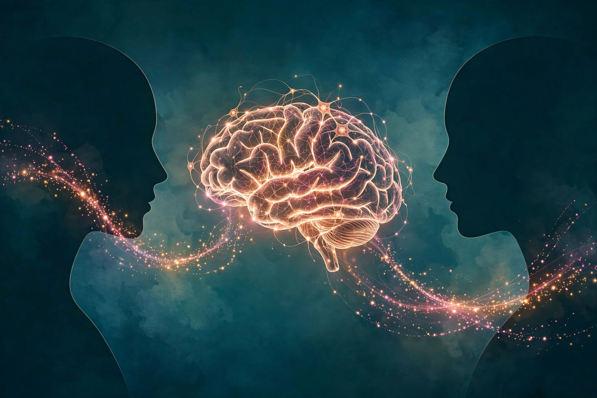 Two silhouettes facing each other with a glowing neuron-network brain between them, illustrating the neurochemistry of romantic love