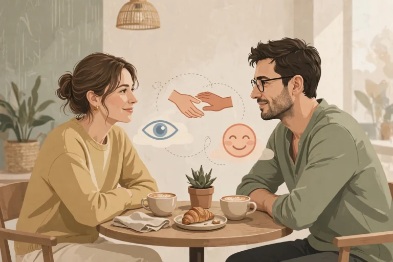 Couple across a cafe table reading nonverbal cues in relationships through warm eye contact and open body language