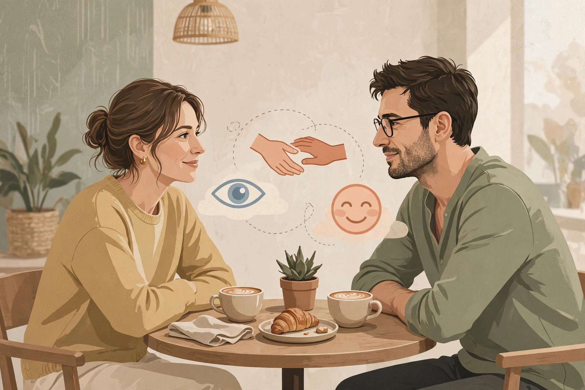 Couple across a cafe table reading nonverbal cues in relationships through warm eye contact and open body language