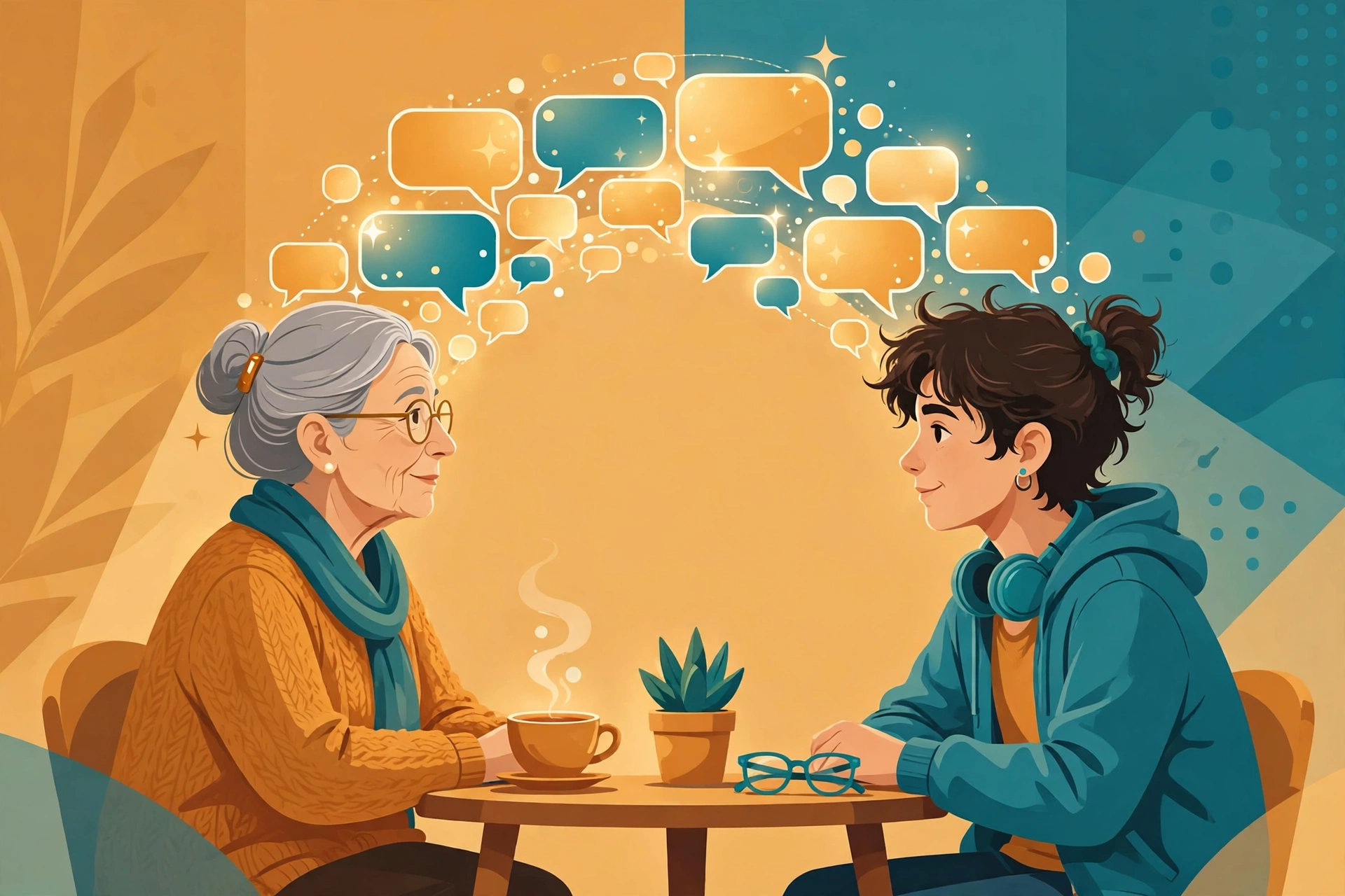 Illustration of a grandmother and a young woman facing each other across a small table with an arch of glowing speech bubbles between them, symbolizing two generations translating their different ways of speaking