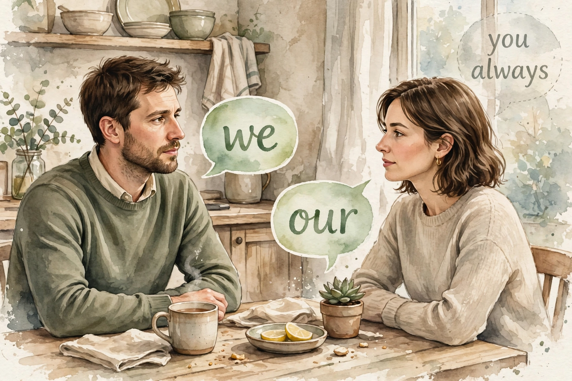 Watercolor editorial illustration of a couple at a kitchen table, with speech bubbles showing we-language versus faded you-always language, depicting the linguistics of conflict