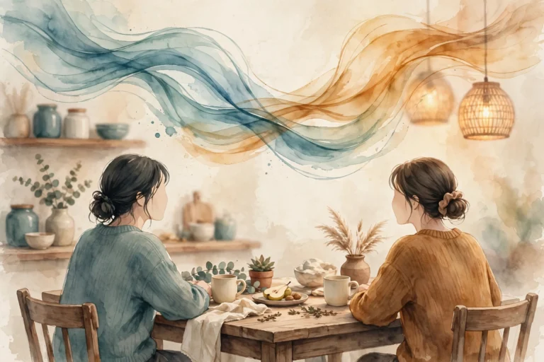 Illustration of a couple in calm conversation at a warm-lit table, representing conflict resolution styles couples can adopt
