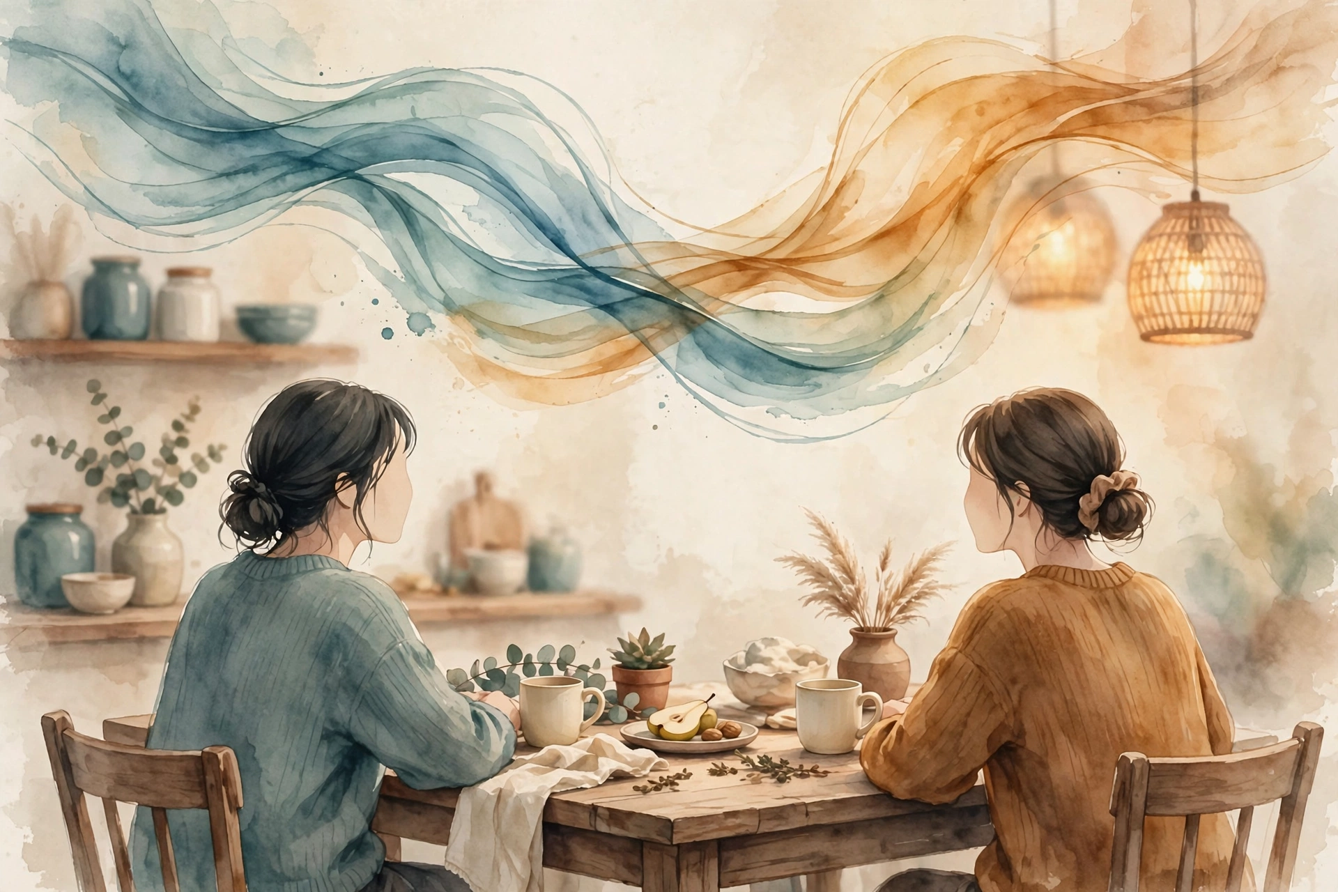 Illustration of a couple in calm conversation at a warm-lit table, representing conflict resolution styles couples can adopt