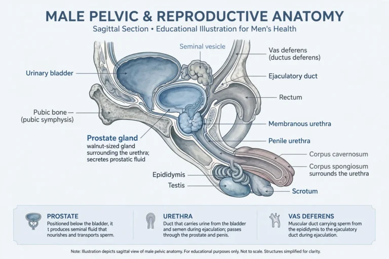 Clinical anatomical diagram of the male pelvic and reproductive system showing the prostate gland, seminal vesicles, urethra, and vas deferens — a visual companion to this spermatorrhea causes treatment guide