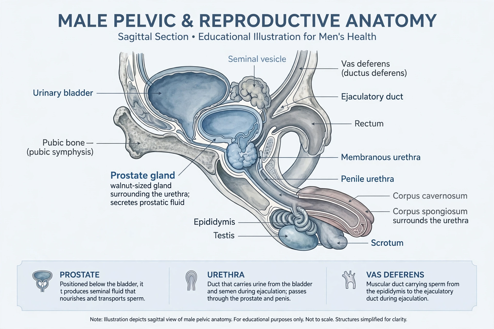 Clinical anatomical diagram of the male pelvic and reproductive system showing the prostate gland, seminal vesicles, urethra, and vas deferens — a visual companion to this spermatorrhea causes treatment guide