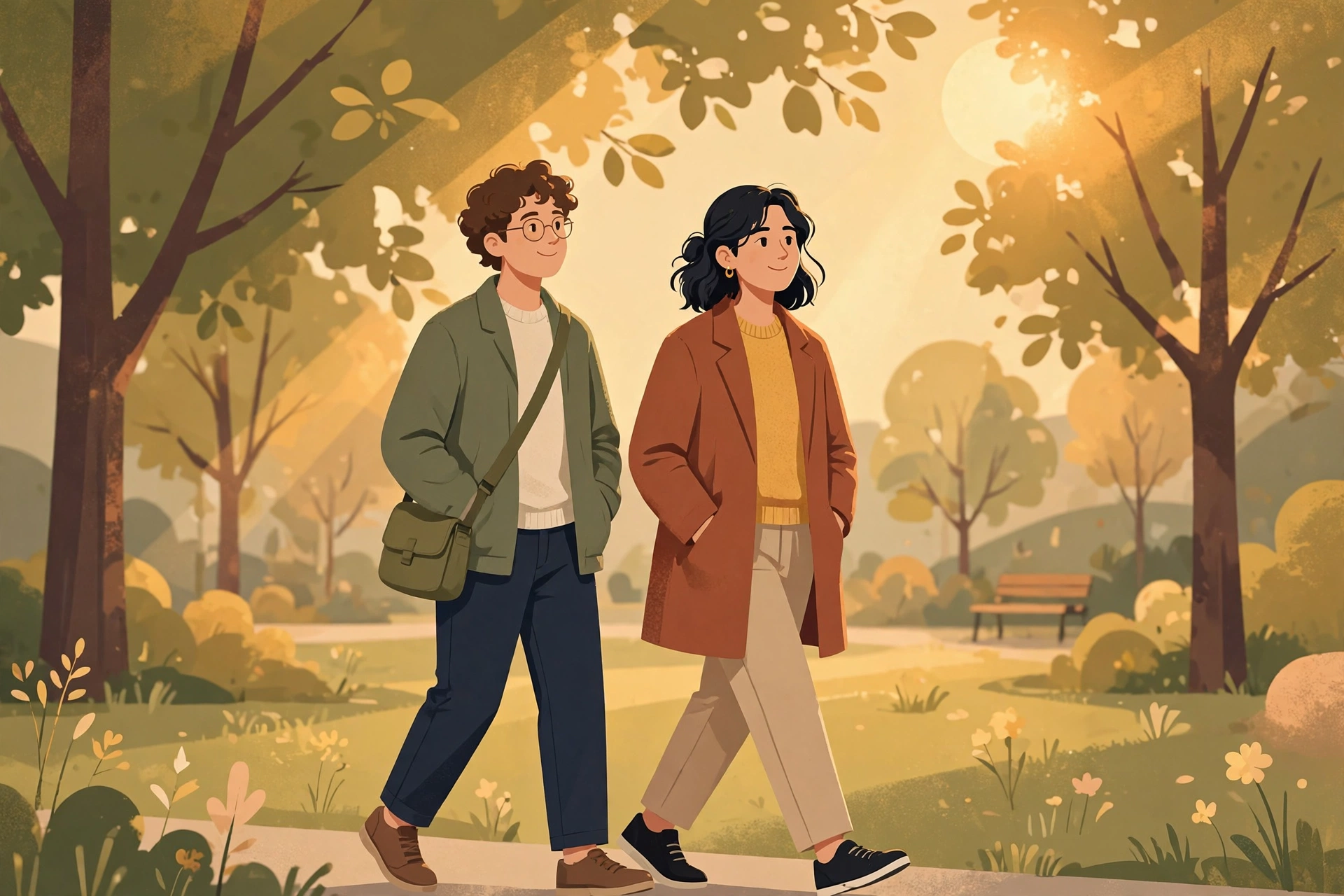 Couple walking together through a sunlit park after making up, symbolizing repaired trust after a sincere apology