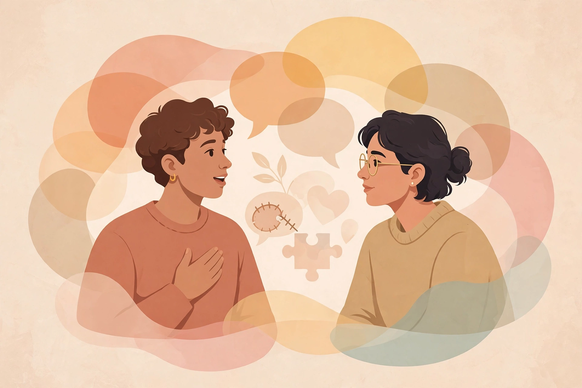 Illustration showing how to apologize effectively: relationship repair with one partner speaking sincerely while the other listens attentively