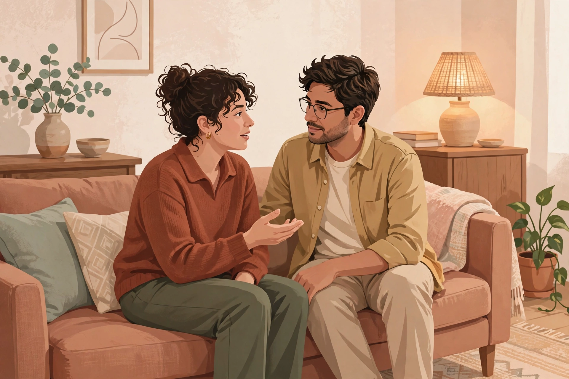 Couple on a sofa having a calm reconciliation conversation, illustrating how to apologize effectively in a relationship