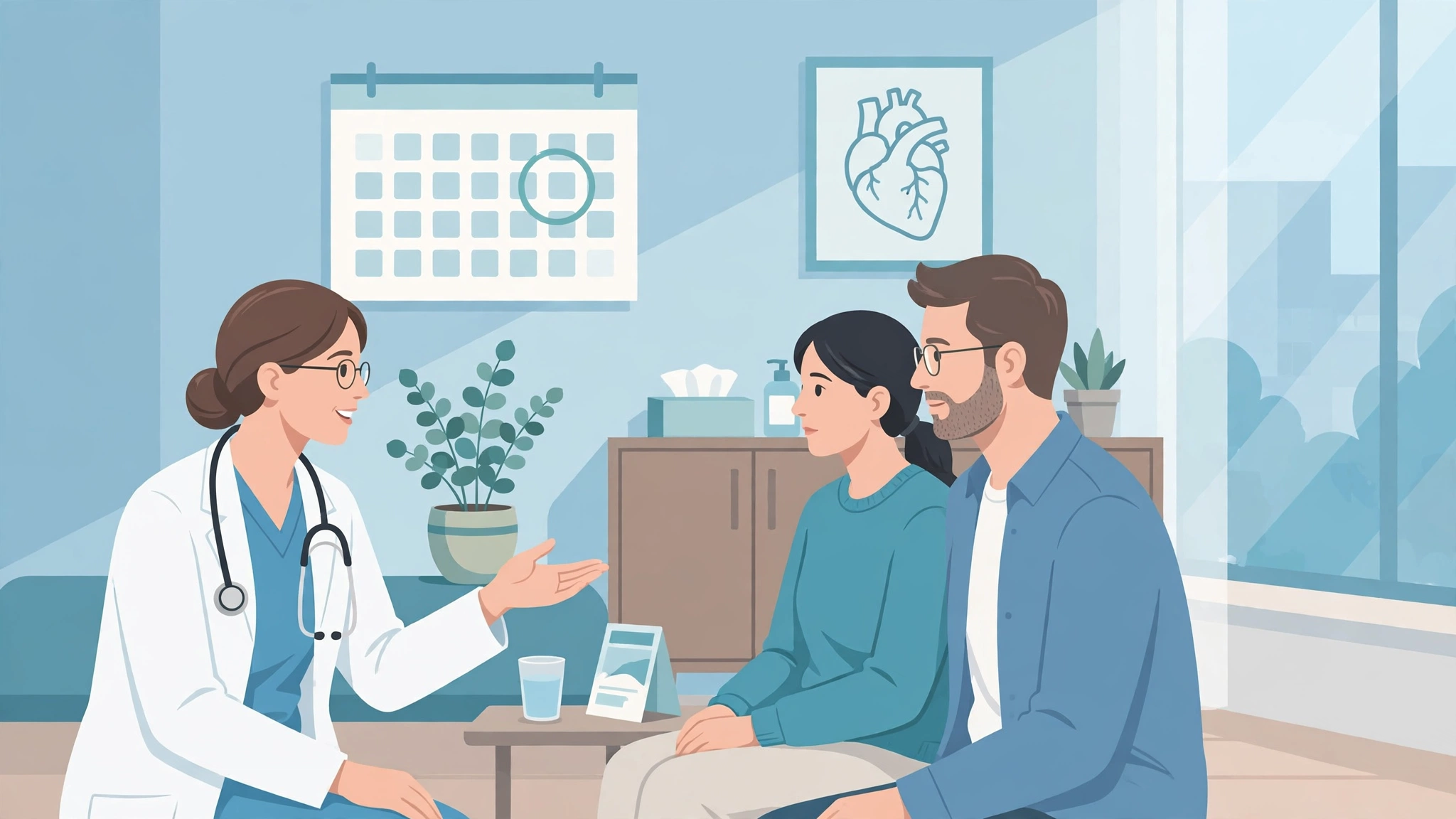 Doctor counseling a couple about emergency contraception options in a clinic