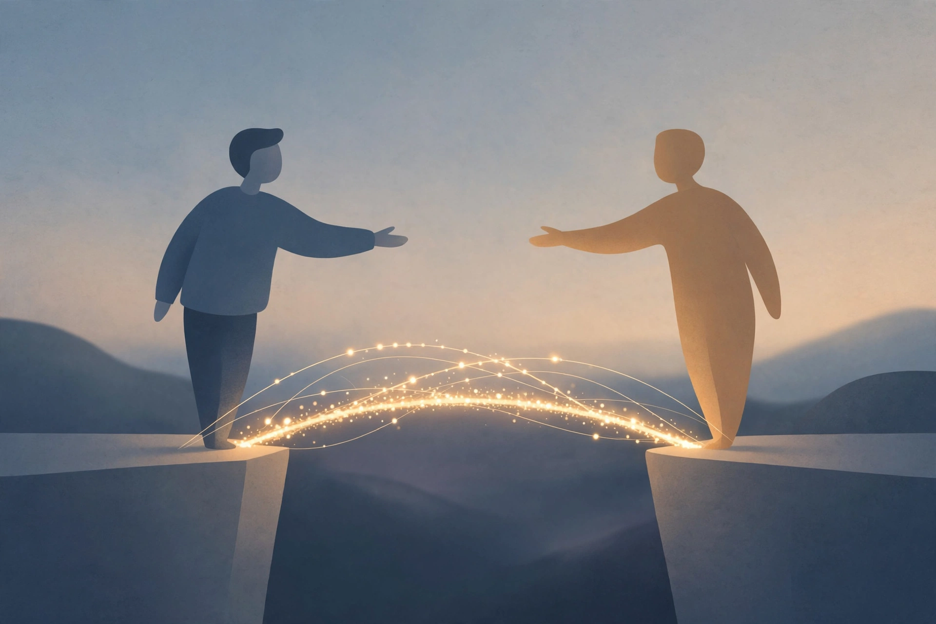Minimalist illustration of two figures reaching toward each other across a gap, connected by an arc of golden light, symbolizing partners turning toward each other to rebuild emotional connection