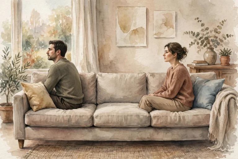 Watercolor illustration of a couple sitting at opposite ends of a long couch with a visible gap between them, depicting emotional distance in marriage