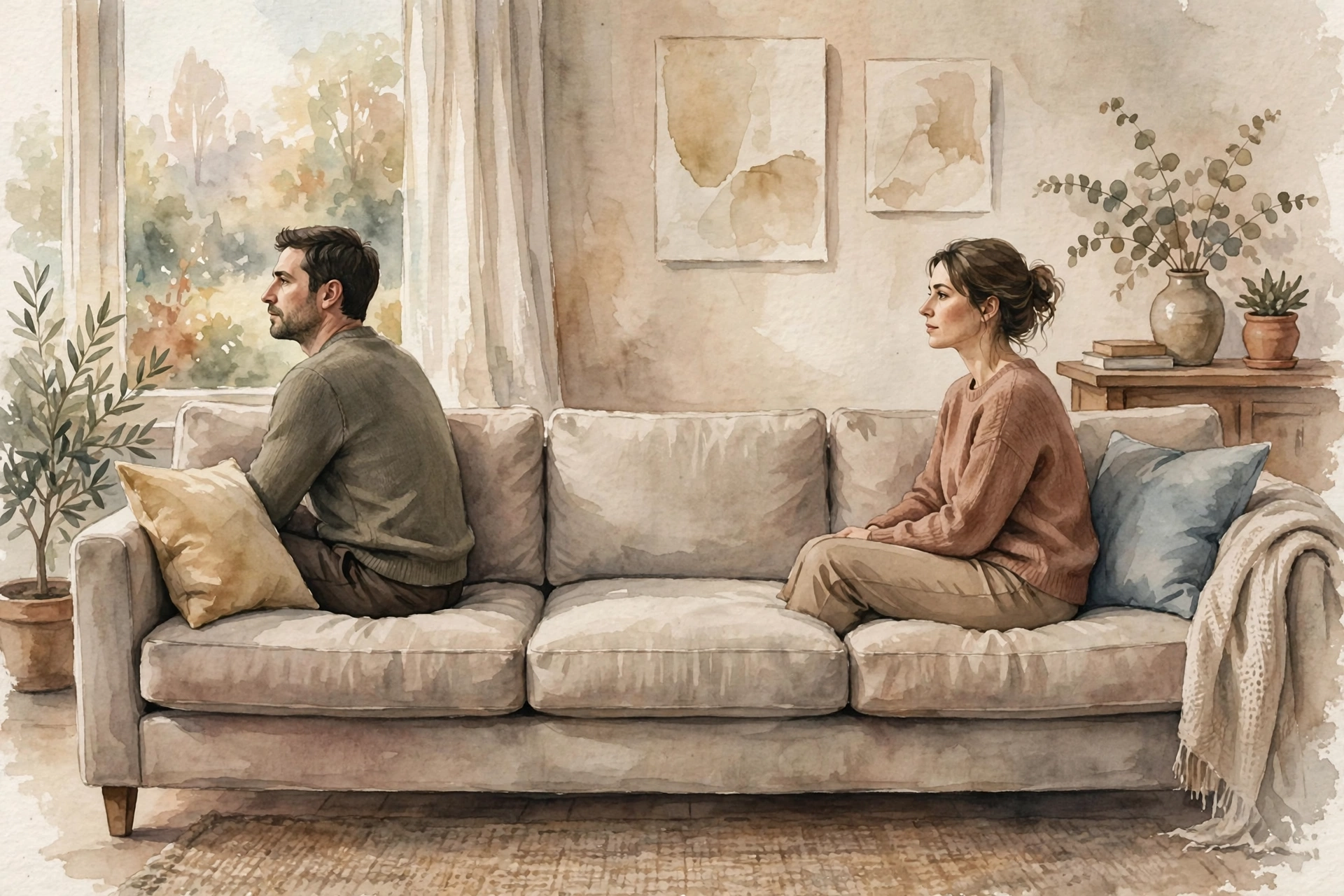 Watercolor illustration of a couple sitting at opposite ends of a long couch with a visible gap between them, depicting emotional distance in marriage