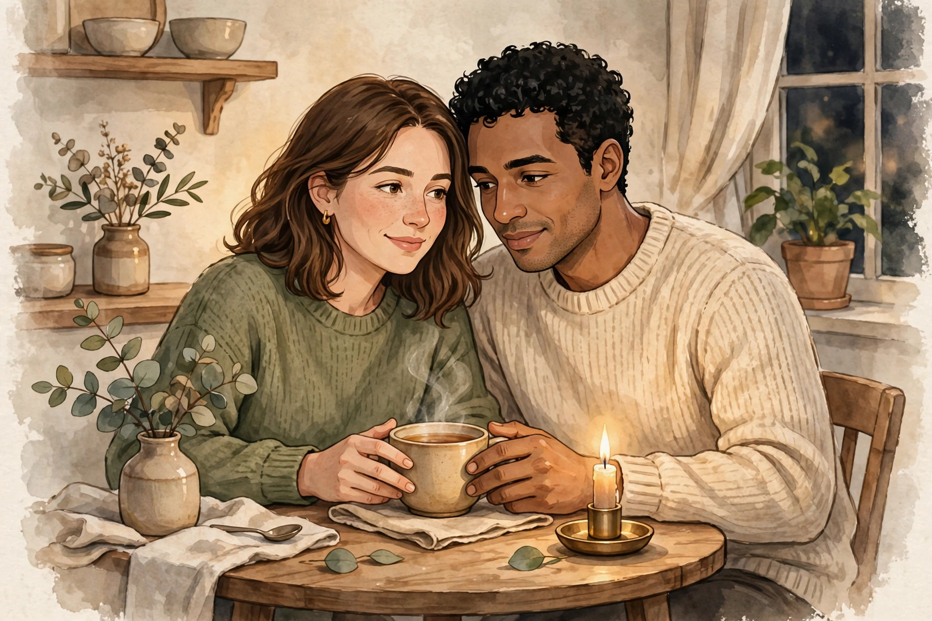 Watercolor illustration of a couple sitting close together at a small table sharing a warm cup of tea by candlelight, symbolizing quiet daily reconnection rituals that heal emotional distance in marriage