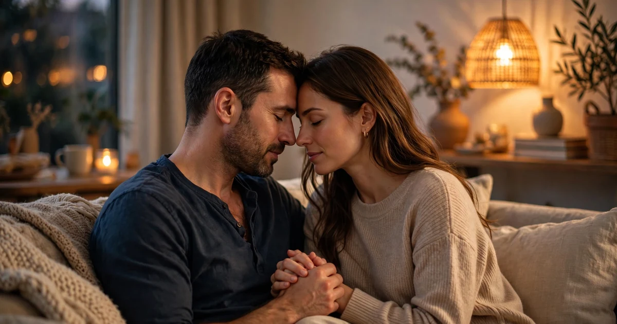 A couple holding hands with foreheads touching on a sofa, sharing a calm moment of emotional safety and trust