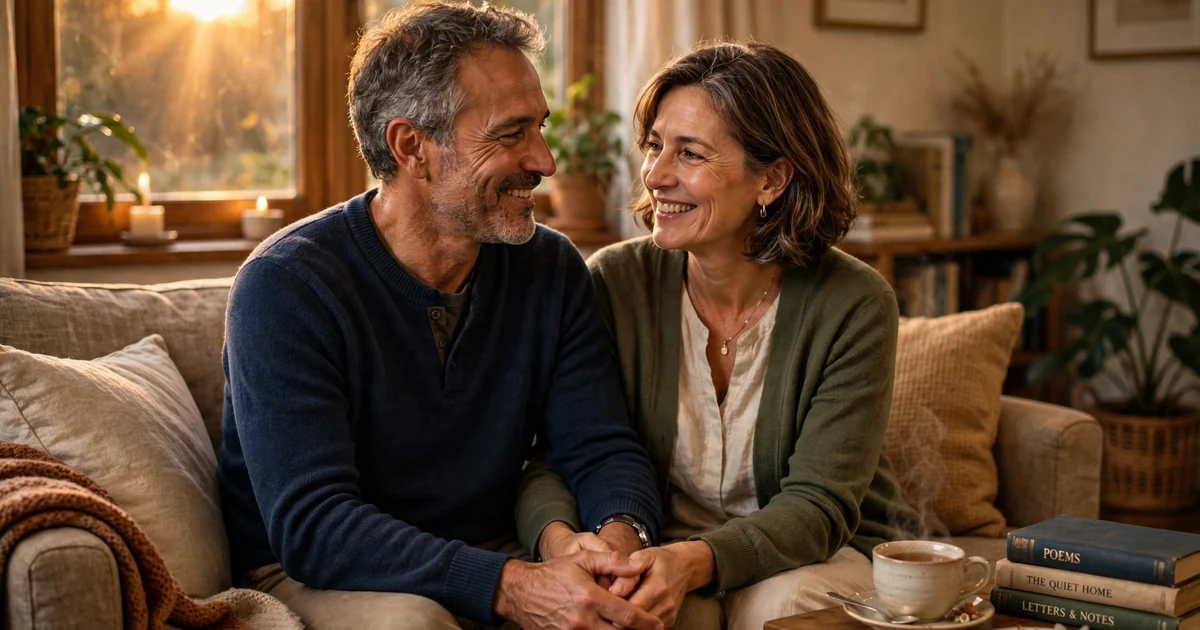 Middle-aged couple holding hands and smiling on a couch in warm evening light
