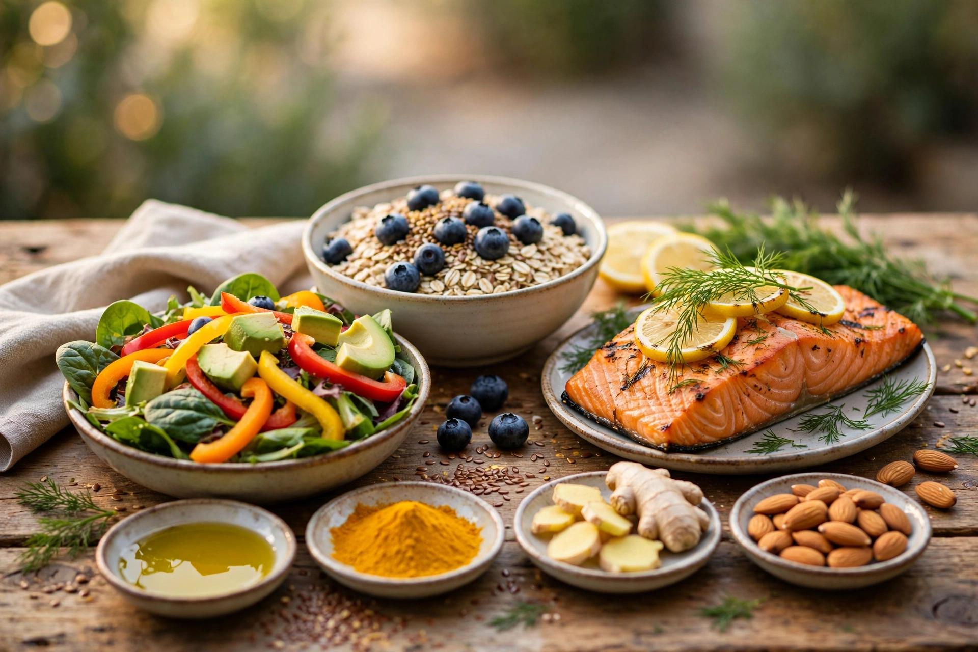 Mediterranean-style anti-inflammatory meal spread with salmon, berries, and leafy greens for an endometriosis diet plan