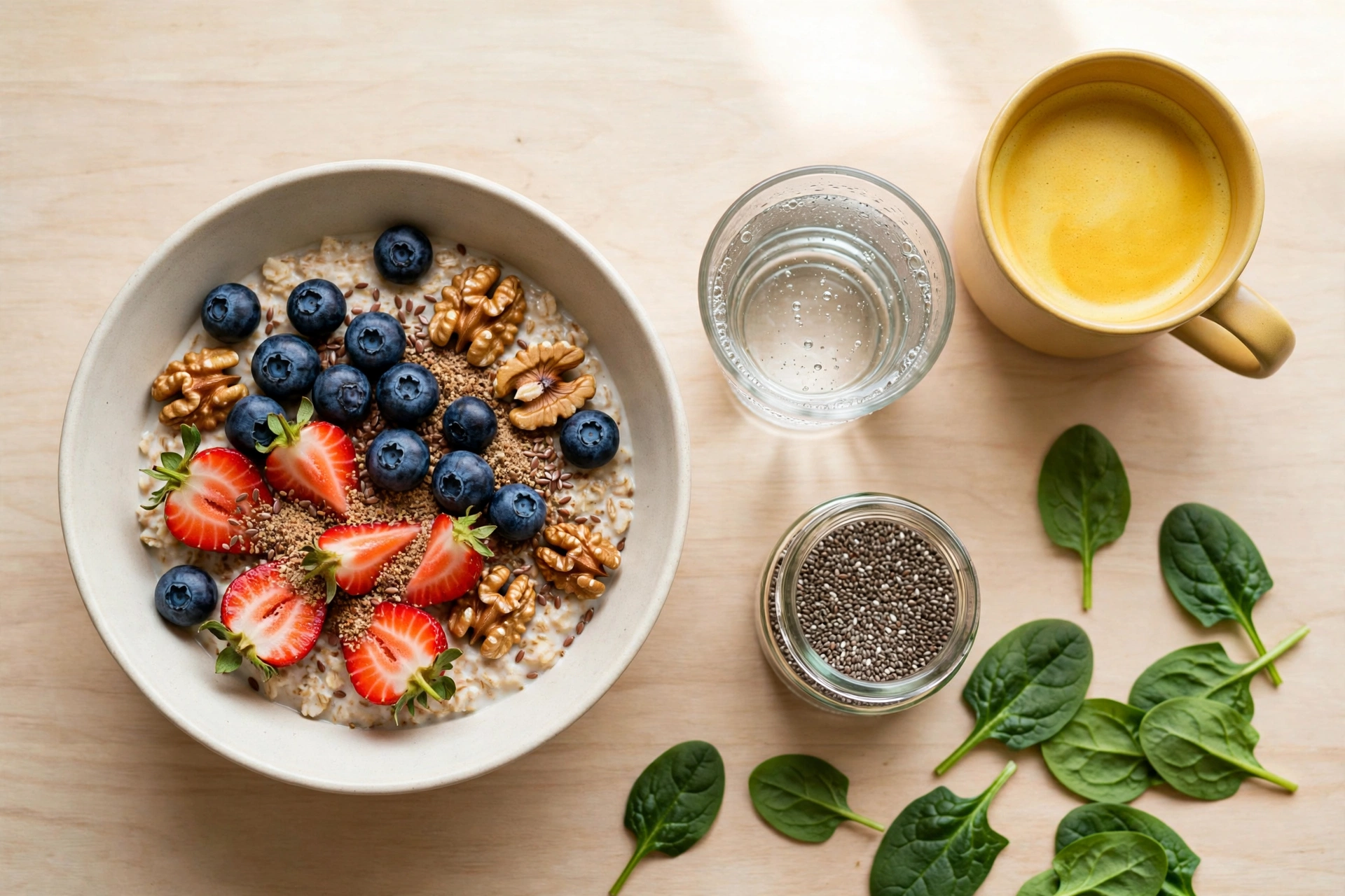 Healthy breakfast bowl with oats, berries, and flaxseed supporting an endometriosis diet plan