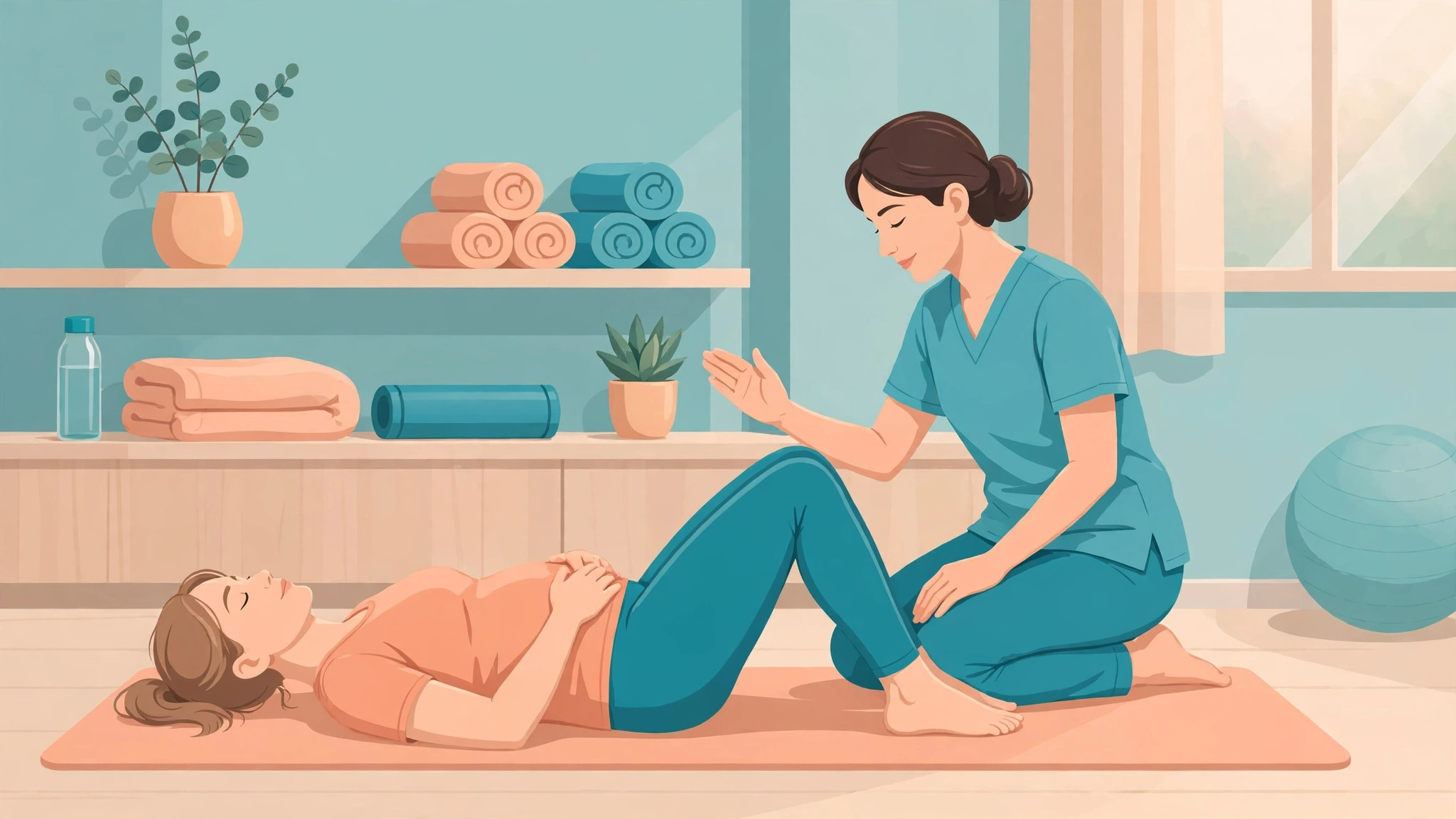 Woman doing pelvic floor relaxation exercises for endometriosis painful sex treatment