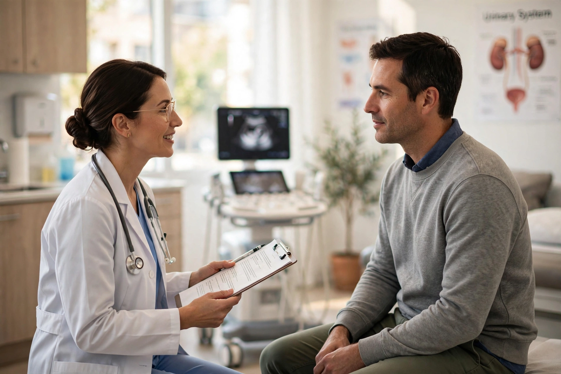 A urologist consulting with a fully clothed male patient in a bright clinic, with an ultrasound machine in the background, during an appointment to plan epididymitis symptoms treatment