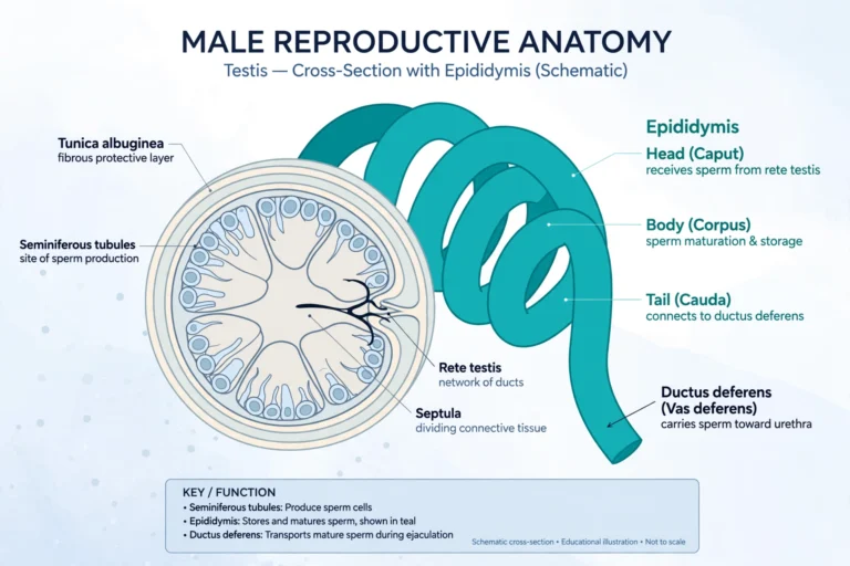 Schematic anatomical diagram of the epididymis coiled behind the testicle, illustrating the anatomy behind epididymitis symptoms treatment