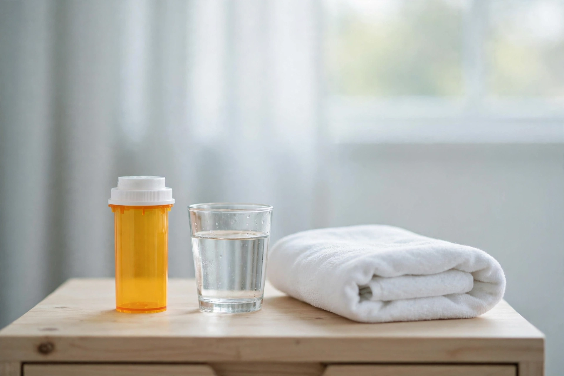 An amber prescription pill bottle with a white cap and a glass of water beside a folded white towel on a light wooden nightstand, suggesting rest and medication during recovery