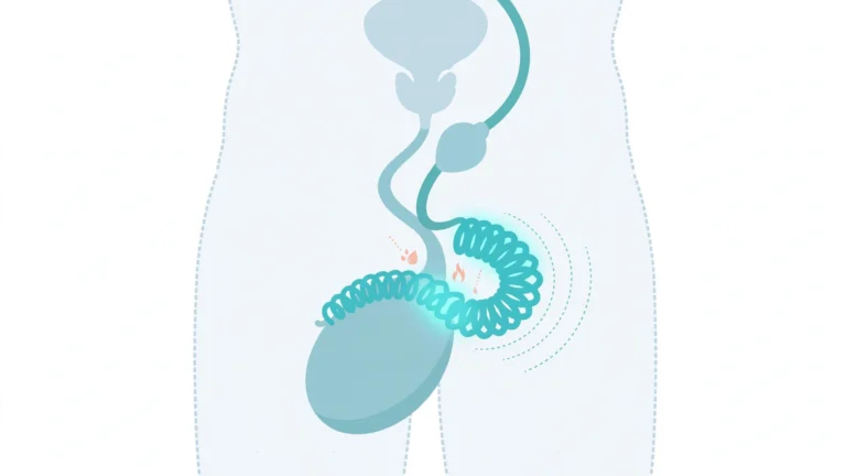 Medical illustration showing epididymitis symptoms and the inflamed epididymis behind the testicle