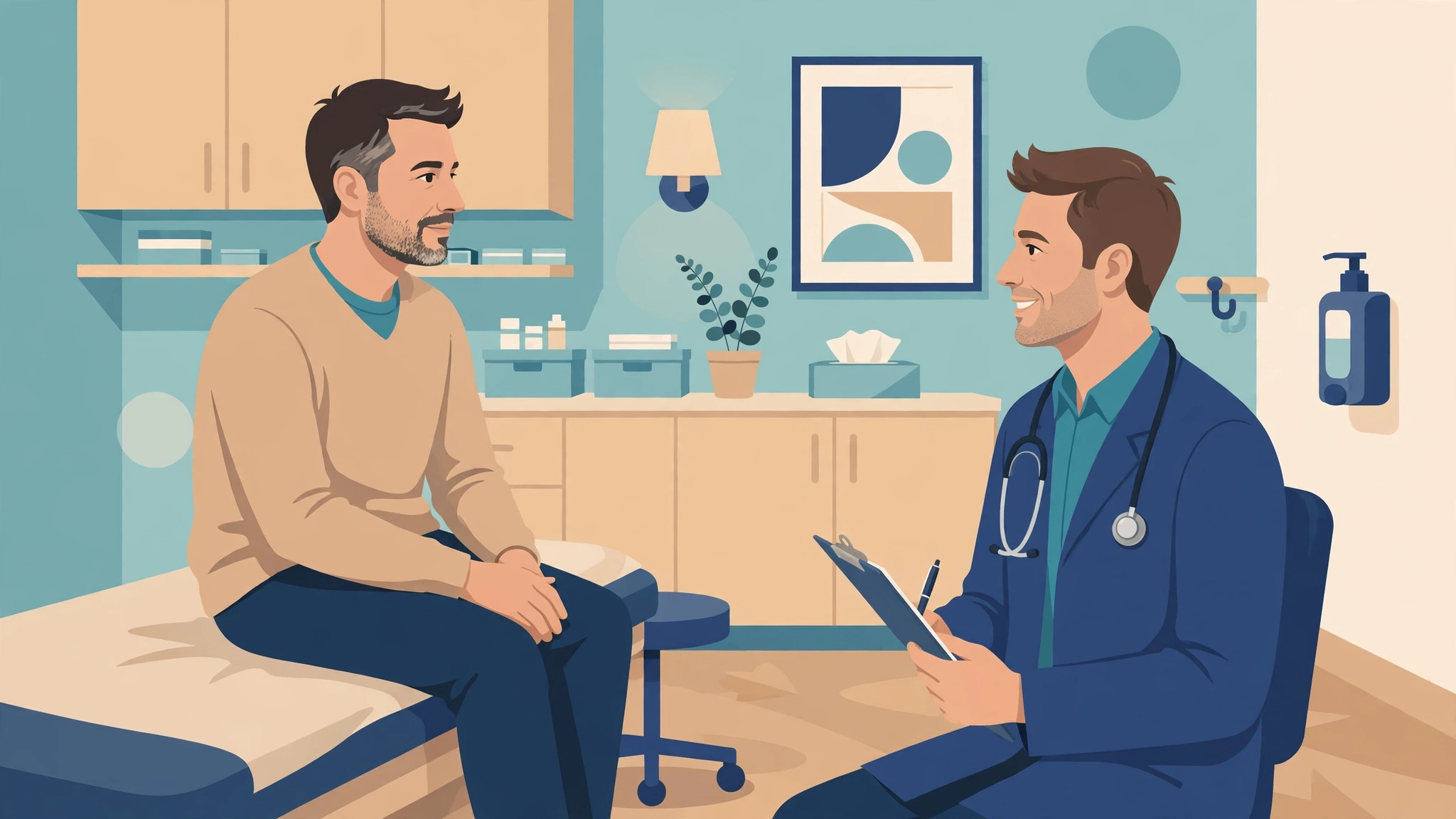 Man discussing erection problems doctor questions with his doctor in a clinic — flat medical illustration