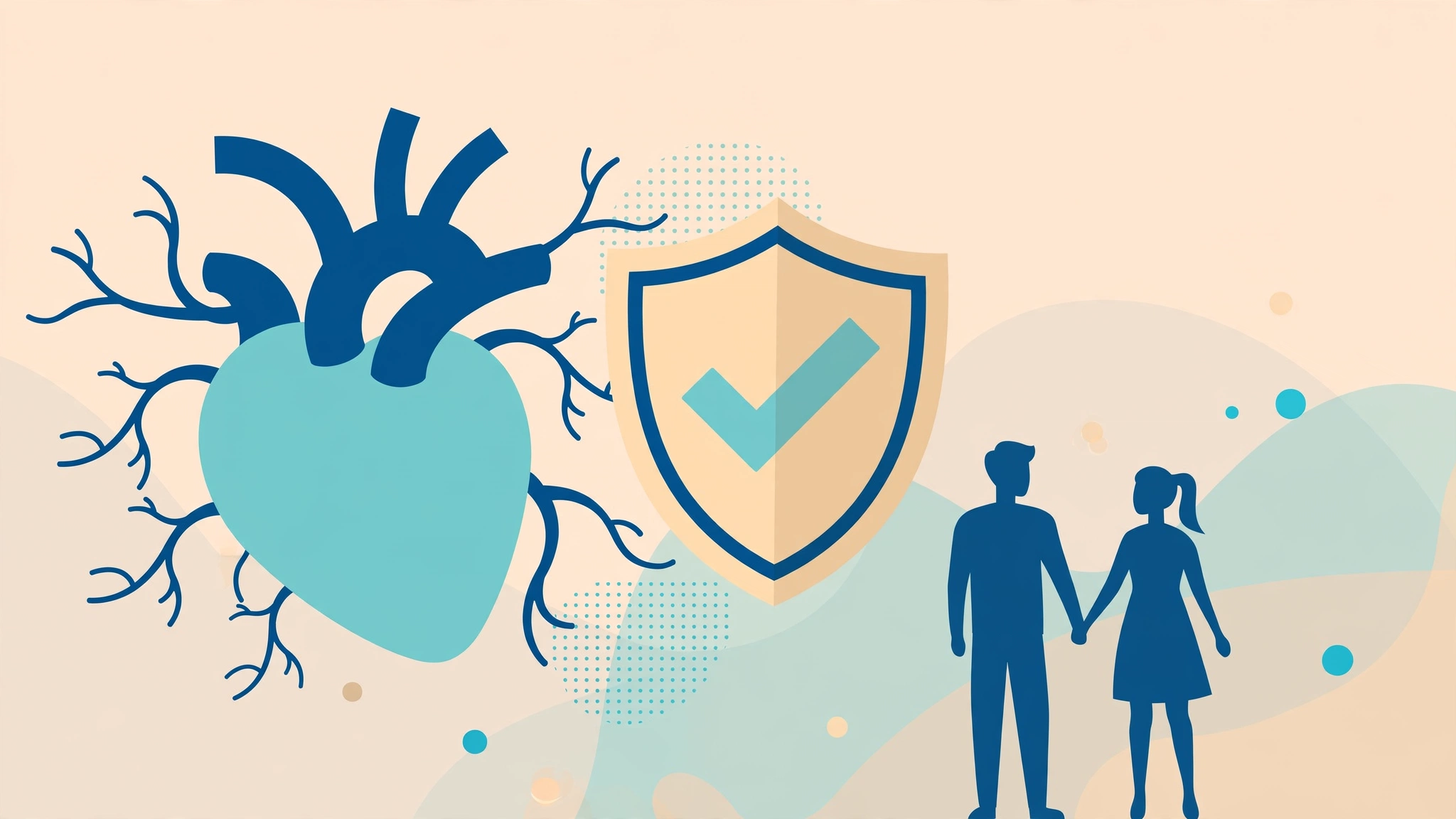 Heart health shield and couple holding hands beside a stylized heart illustration