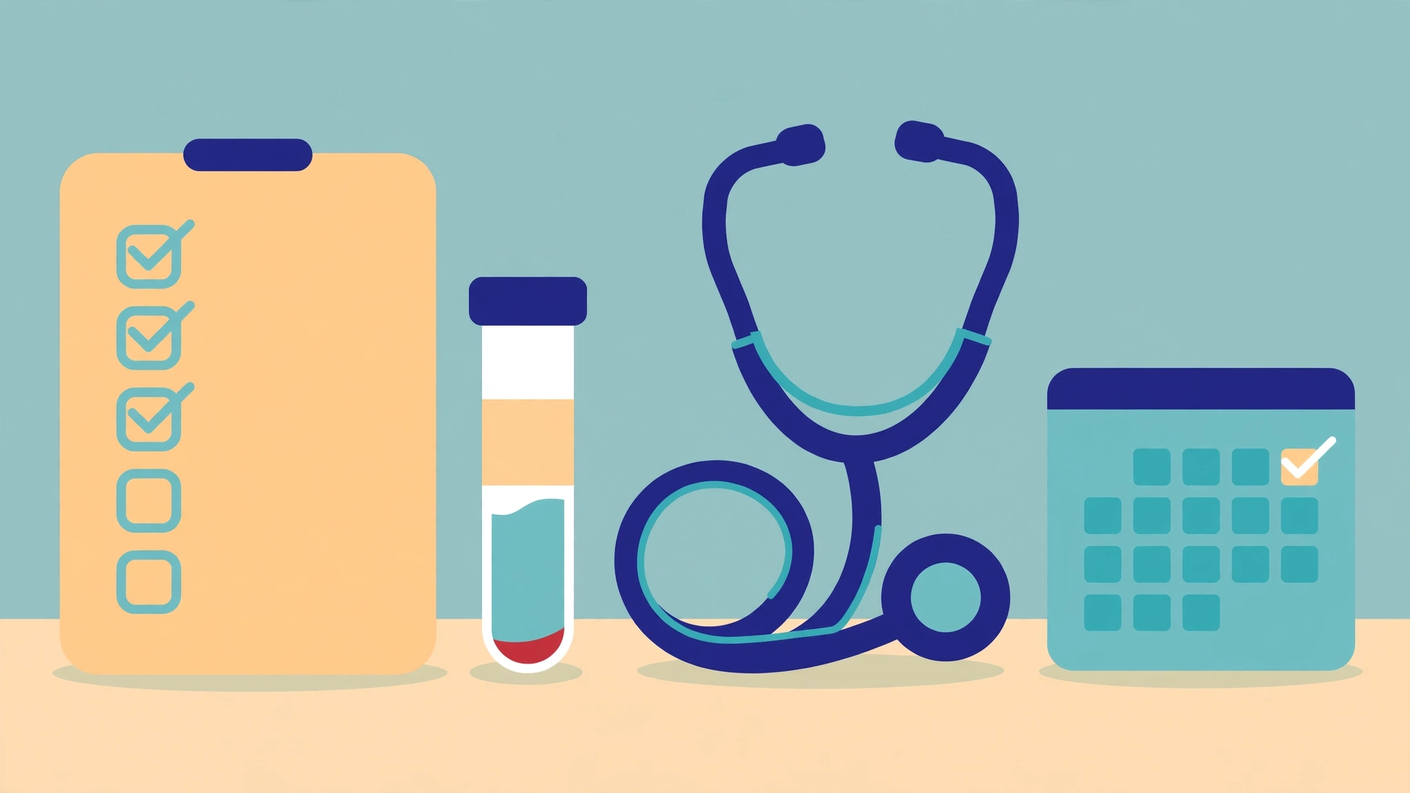 Checklist, blood vial, stethoscope and calendar illustrating erection problems doctor questions preparation