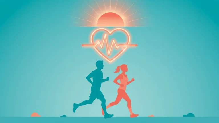 Exercise and sexual health: active couple jogging together at sunrise with a heart-pulse motif.