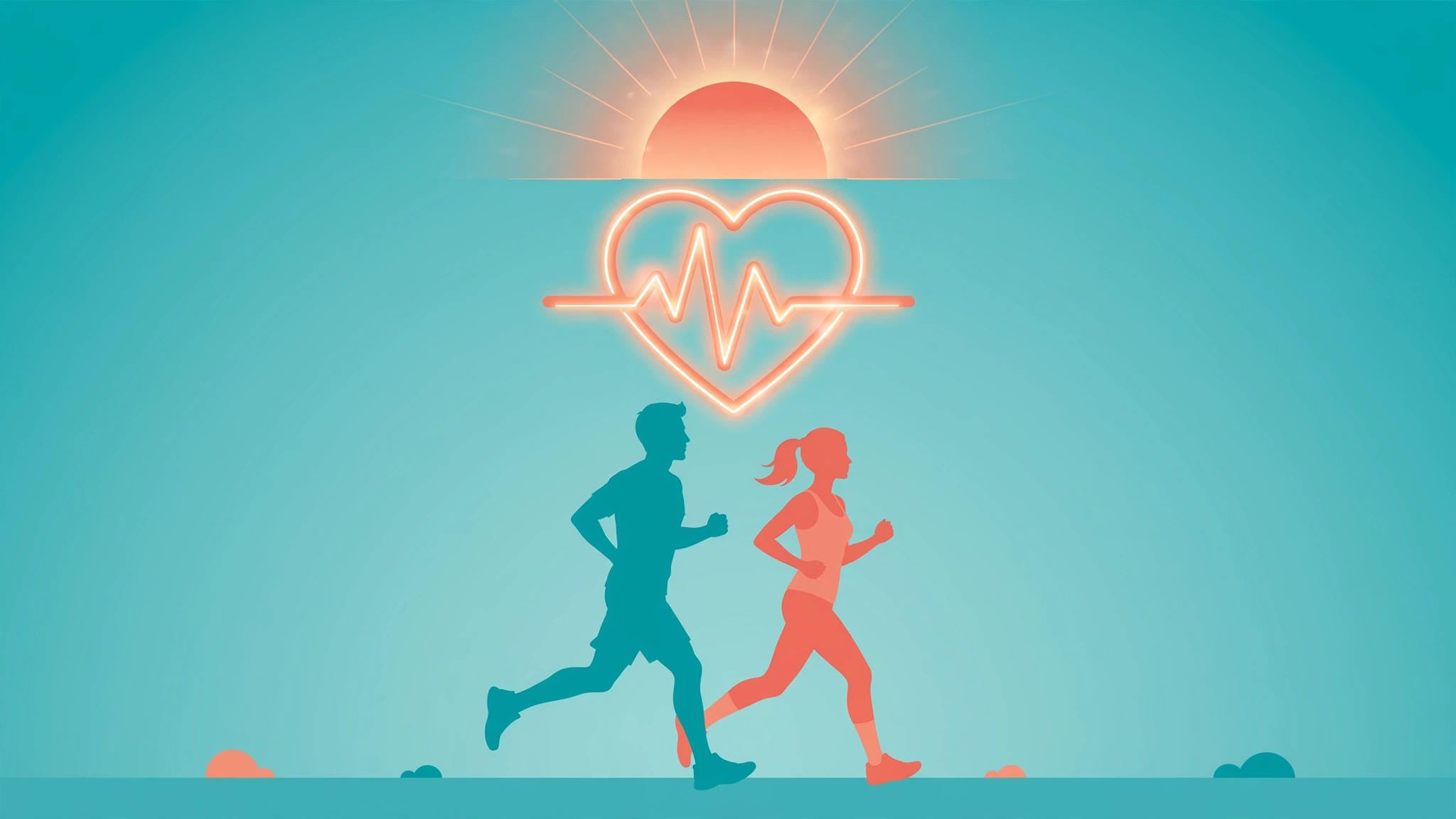 Exercise and sexual health: active couple jogging together at sunrise with a heart-pulse motif.