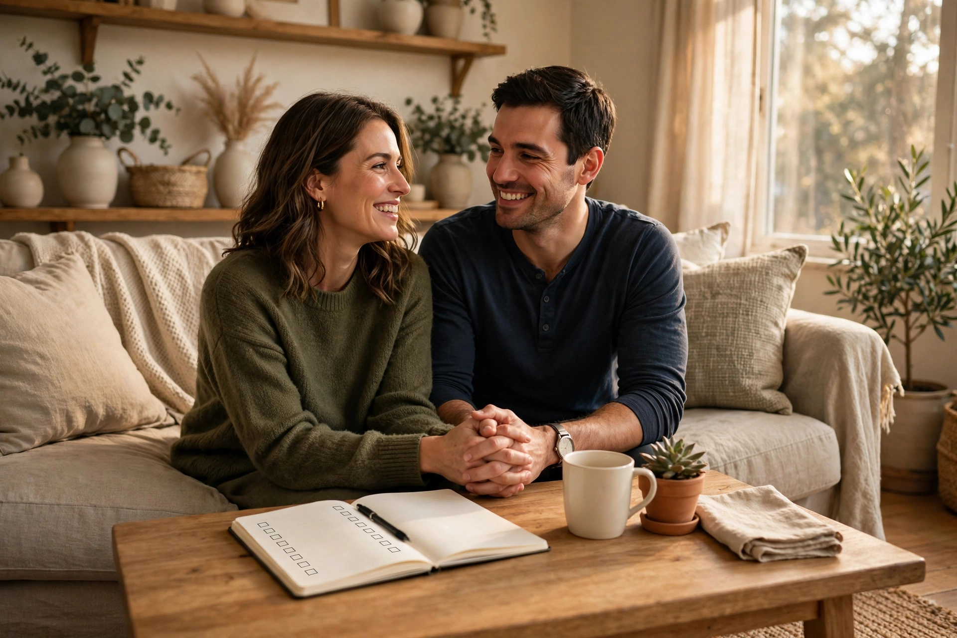 Smiling married couple sitting close on a couch with a checklist notebook on the coffee table while discussing their marriage goals