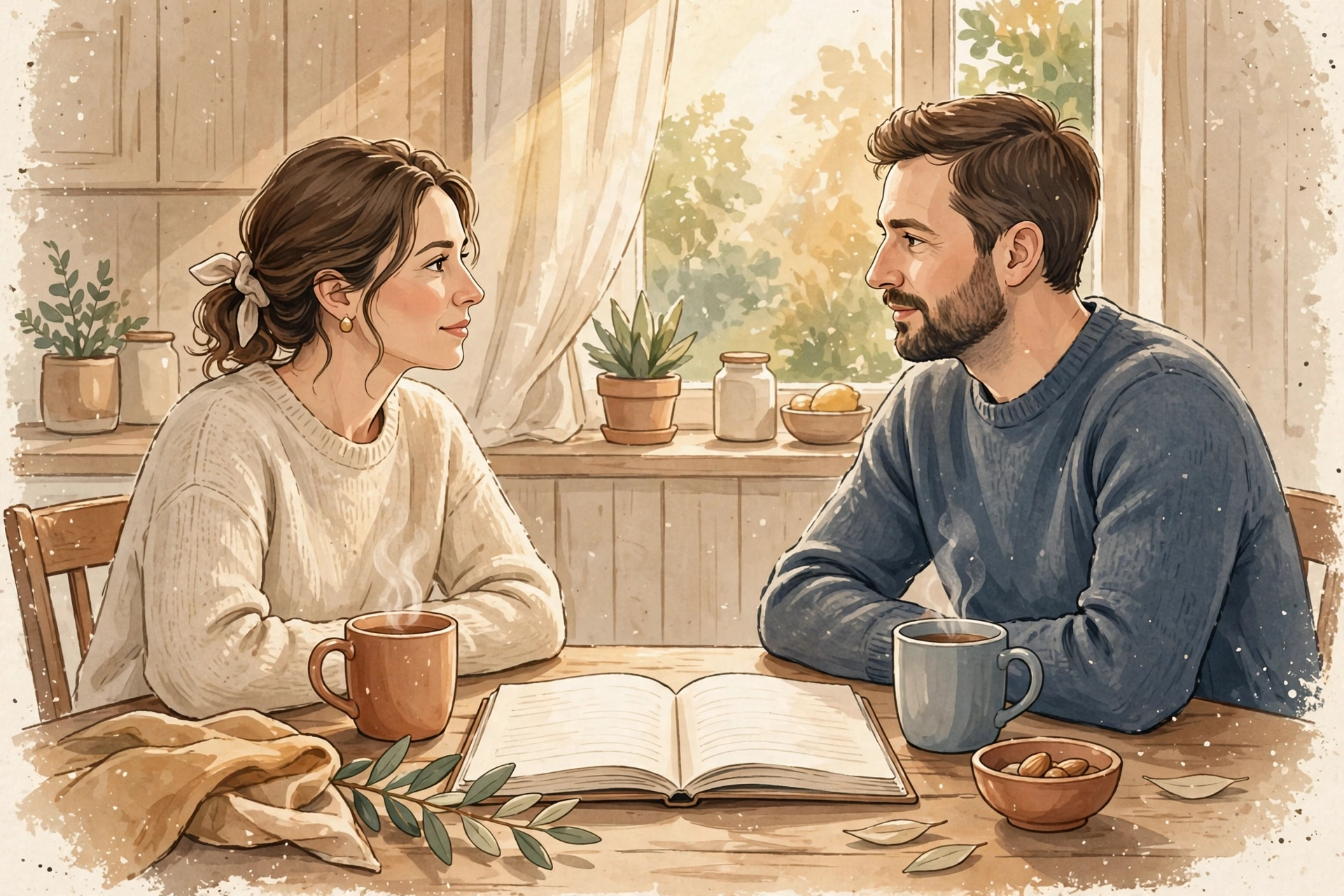 Married couple having a calm, honest conversation about their expectations in marriage over coffee with a shared notebook