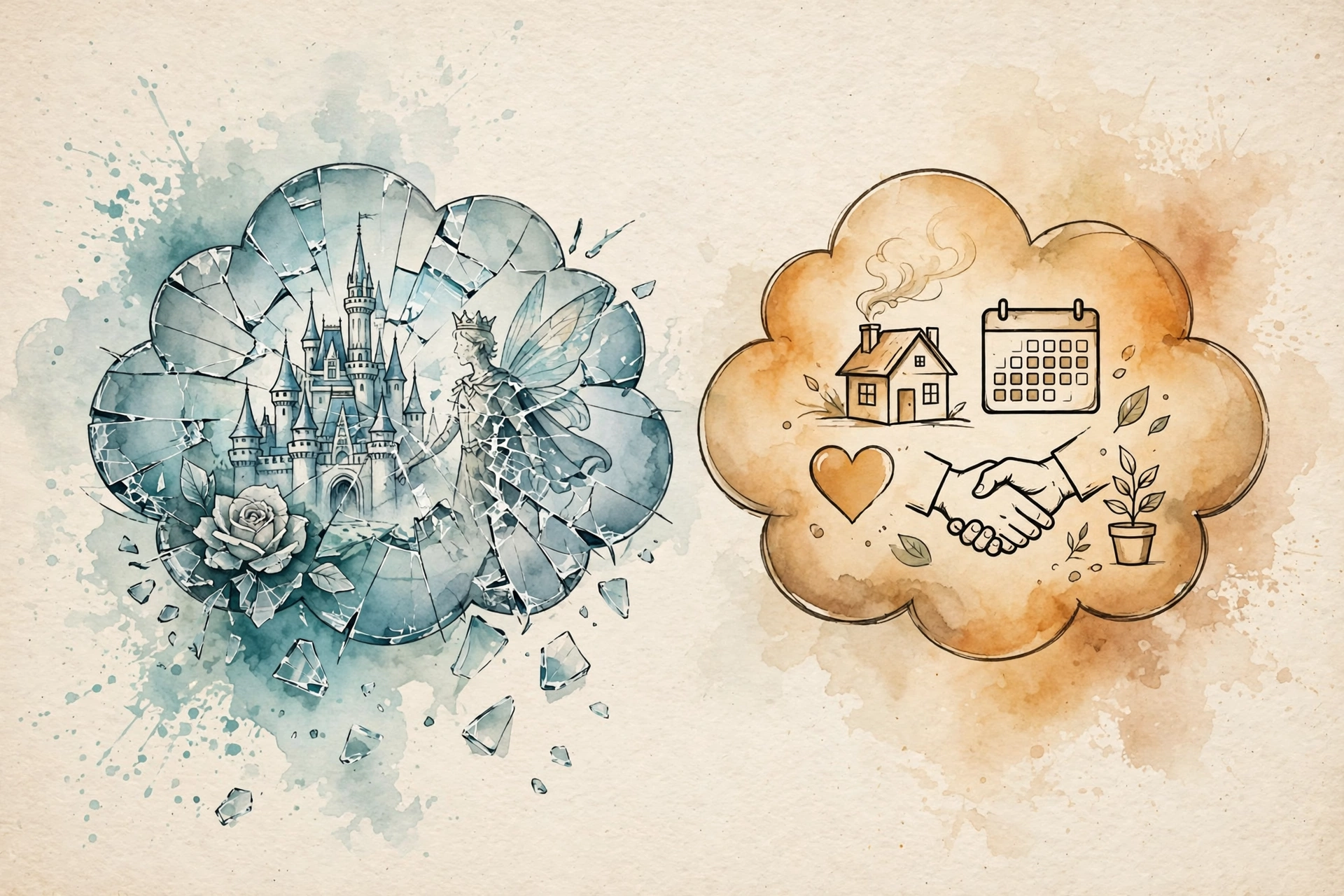 Editorial watercolor illustration contrasting a shattered fairy-tale fantasy thought bubble with a realistic thought bubble showing a home, heart, and calendar