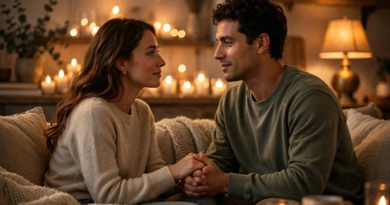 Couple sitting face to face holding hands and gazing into each other's eyes in warm candlelight.