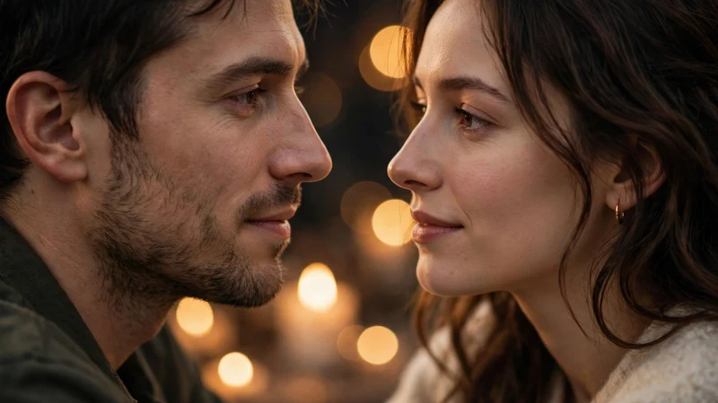 Close-up of a couple practicing the eye gazing intimacy exercise, gazing into each other's eyes with soft, tender expressions