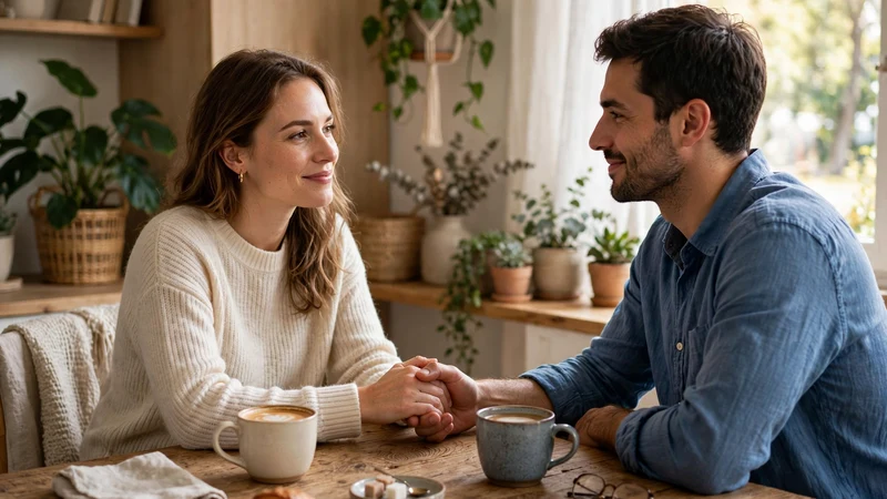 Couple holding hands across a coffee table while looking into each other's eyes