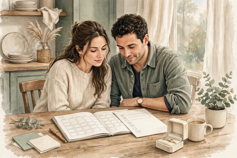 Engaged couple reviewing a family planning checklist and calendar together before marriage, representing family planning discuss