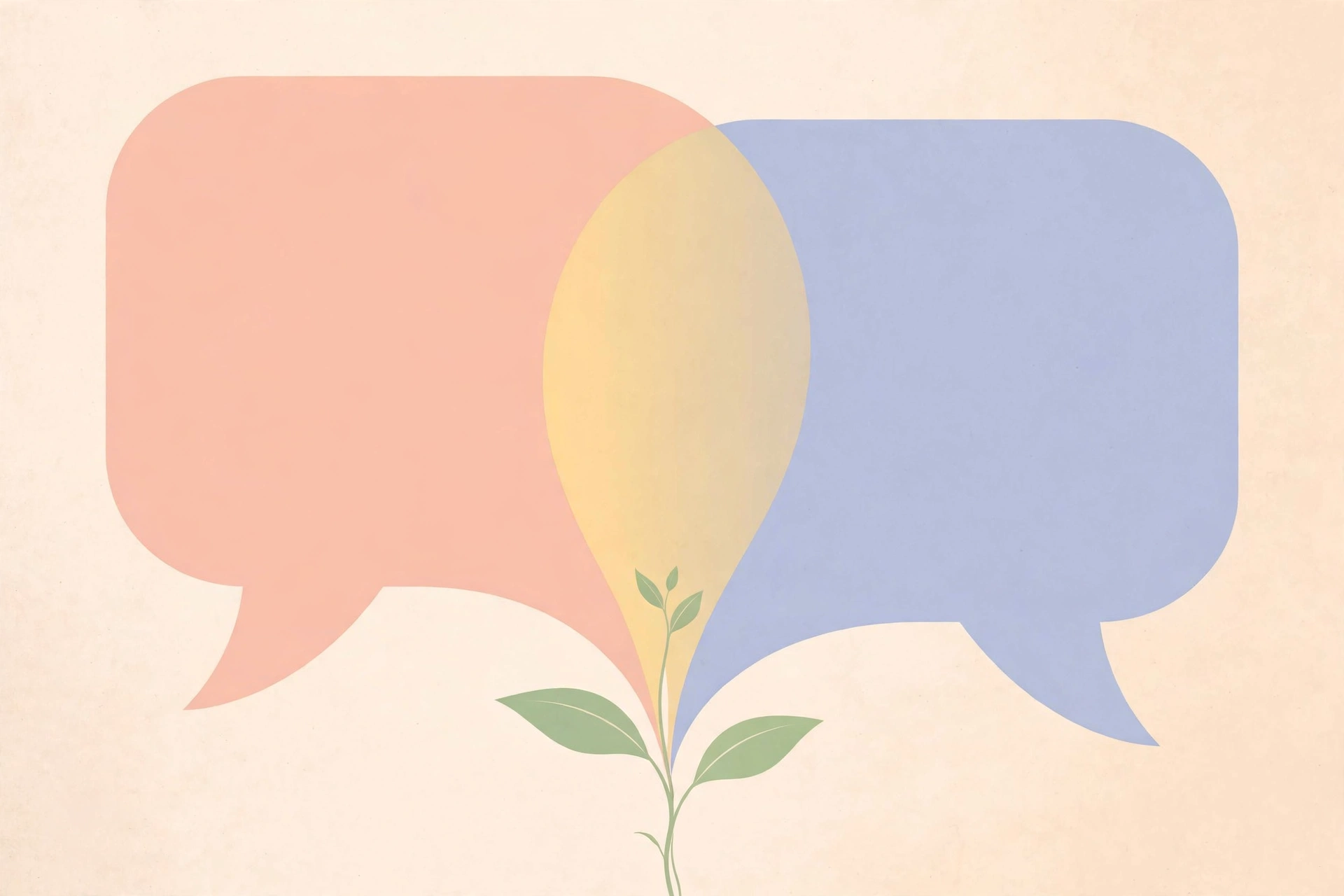 family planning - Two overlapping speech bubbles merging into a sprout, symbolizing couples aligning on shared family goals through open conversation