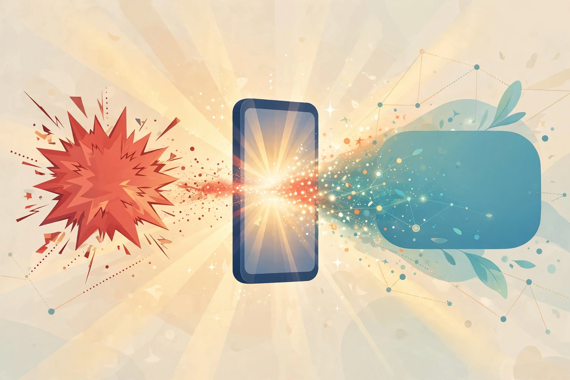 Editorial illustration of a smartphone transforming an angry red message burst into a calm blue empathetic message, symbolizing AI rewriting stressful messages with empathy