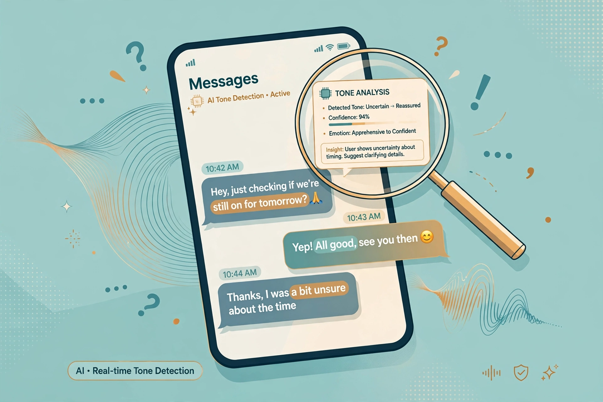 Editorial illustration of AI tone detection analyzing text messages for passive aggression, with a magnifying glass over a chat thread