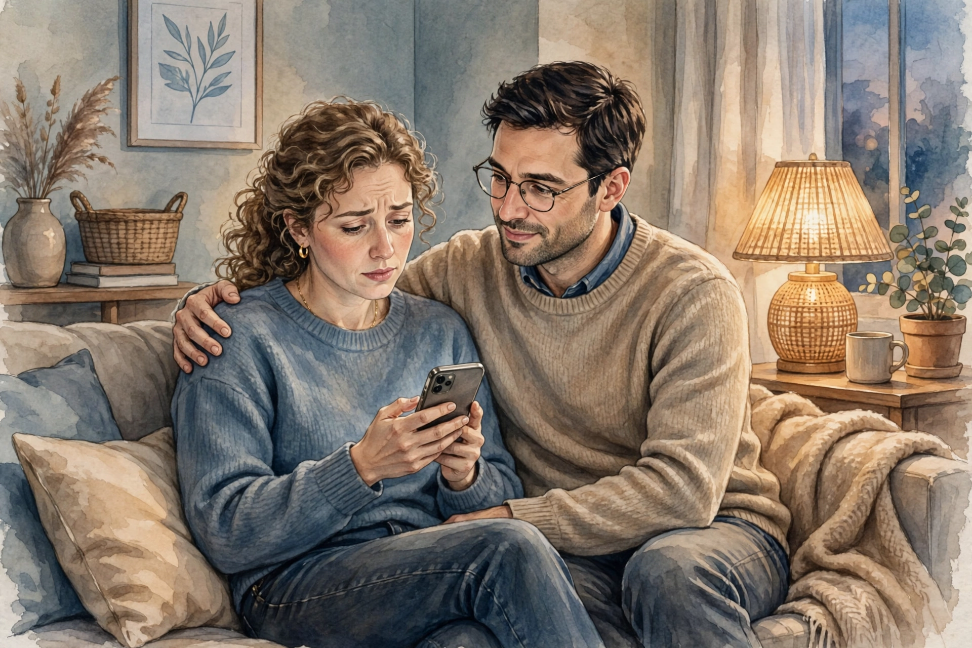Couple sharing a reassuring moment on the couch at home, illustrating how anxious attachment style thrive with open communication and reassurance