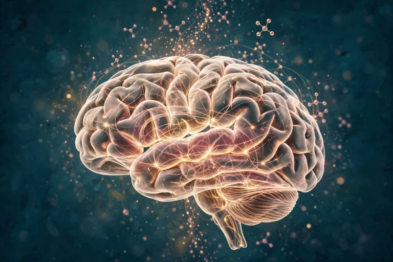 Illustration of a human brain with glowing neural pathways, representing the neurochemistry of long-term bonding