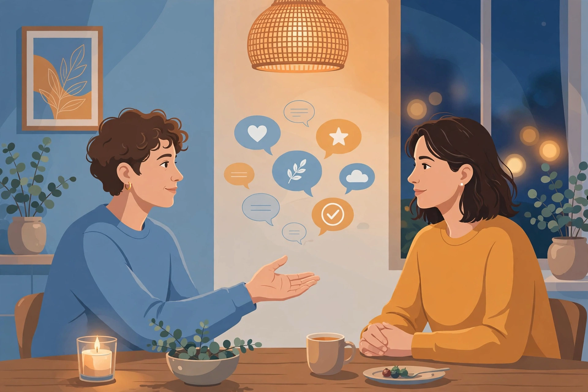 Editorial illustration of a couple using de-escalation phrases couples rely on — reaching hands across a table with kind words floating between them