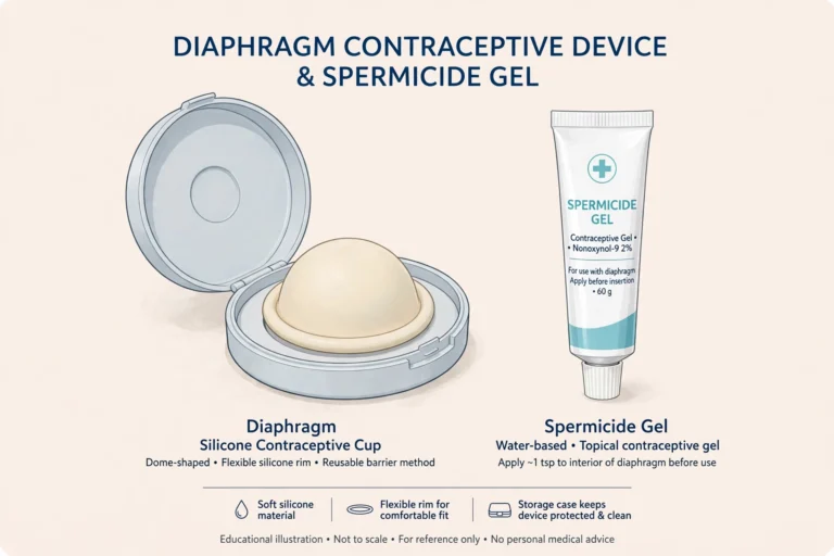 Clinical illustration of a diaphragm birth control device with its flexible rim and spermicide gel tube, supporting diaphragm birth control effectiveness education