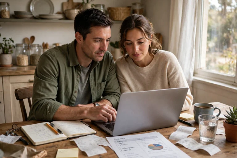 Married couple reviewing their household budget together on a laptop, illustrating financial infidelity in marriage
