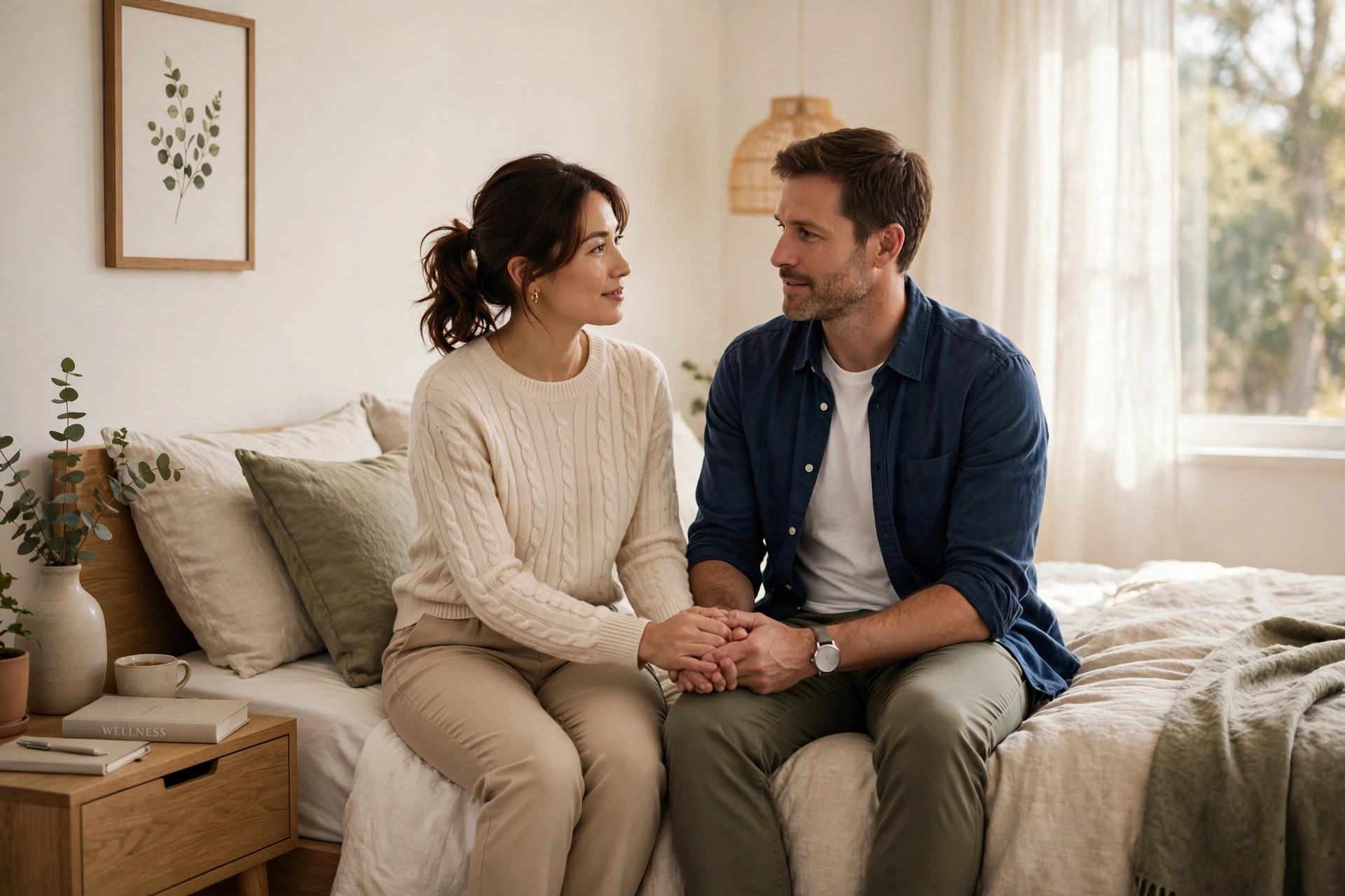 Adult couple holding hands and talking calmly on a bed in a bright bedroom, showing supportive communication when losing an erection during sex happens.